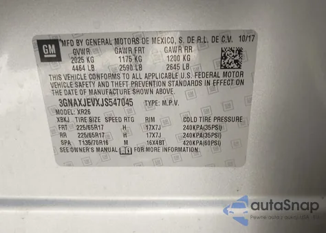 2018 Chevrolet Equinox Lt из США, поврежденный, VIN 3GNAXJEVXJS547045